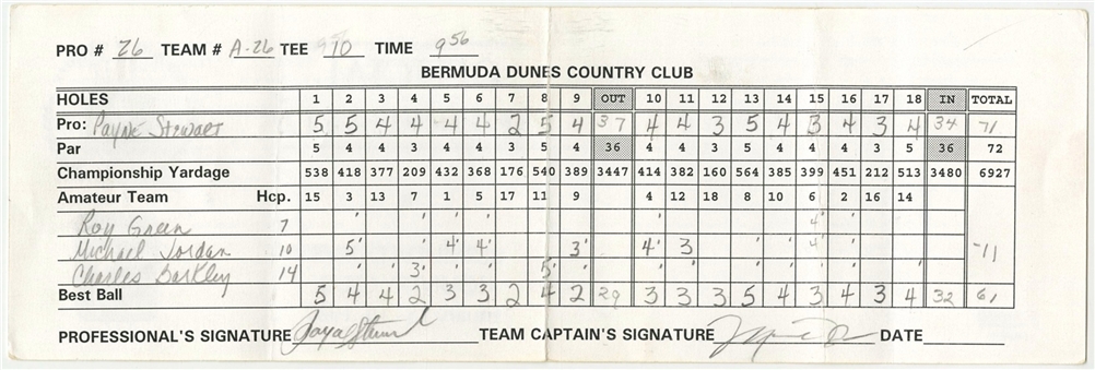 1999 PGA Tournament Used Scorecard Signed By Payne Stewart and Michael Jordan (PSA/DNA)